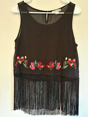 Double Zero Black Floral Embroidered Fringe Tank Top Boho Festival Small